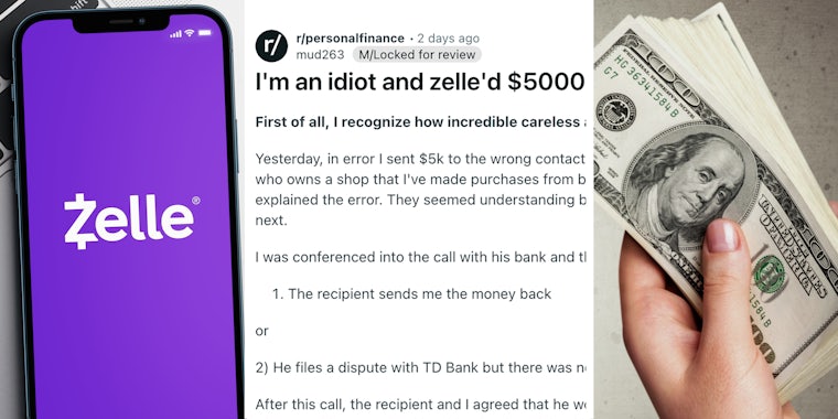 Zelle app on phone(l), Reddit post(c), Hand holding lots of money(R)